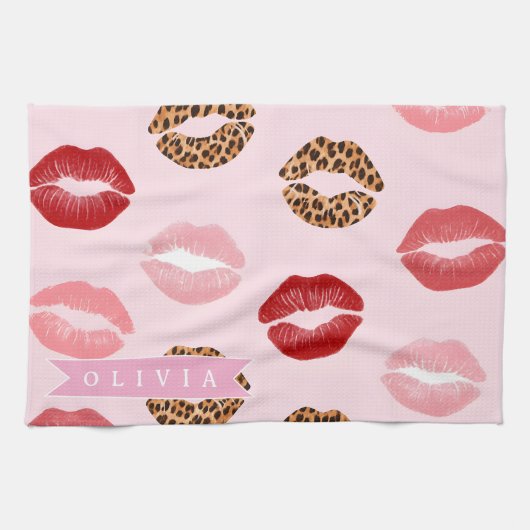 Personalized Chic Pink Leopart Print Lip Pattern キッチンタオル (横)