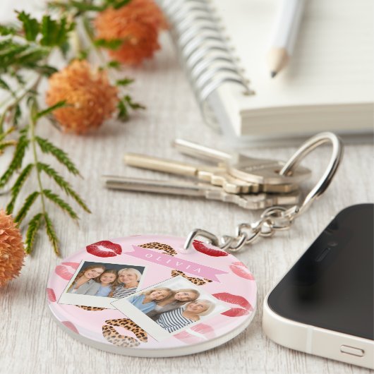 Personalized Chic Pink Leopart Print Lip Pattern キーホルダー (正面右)