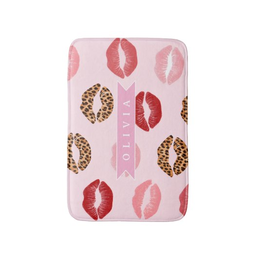 Personalized Chic Pink Leopart Print Lip Pattern バスマット (正面縦)