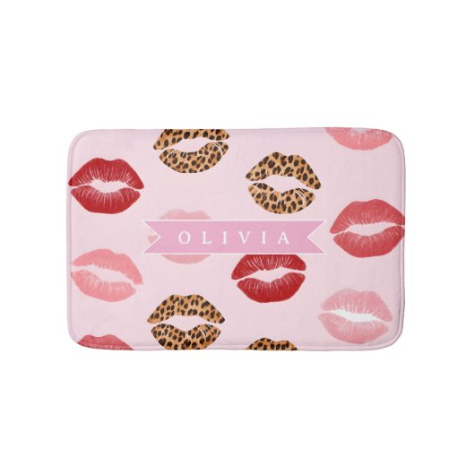 Personalized Chic Pink Leopart Print Lip Pattern バスマット (正面)