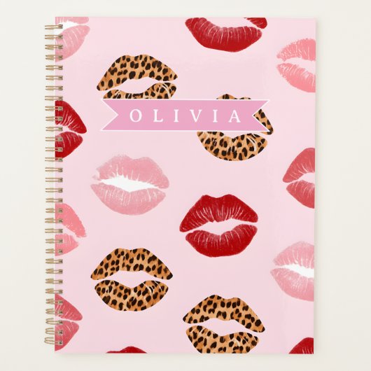 Personalized Chic Pink Leopart Print Lip Pattern プランナー手帳 (正面)