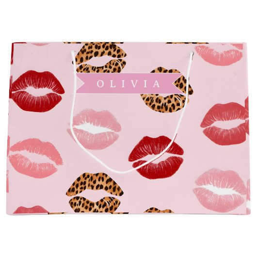 Personalized Chic Pink Leopart Print Lip Pattern ラージペーパーバッグ (正面)