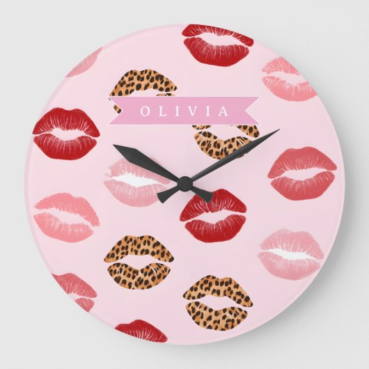 Personalized Chic Pink Leopart Print Lip Pattern ラージ壁時計 (正面)