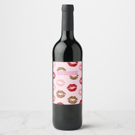 Personalized Chic Pink Leopart Print Lip Pattern ワインラベル (正面)