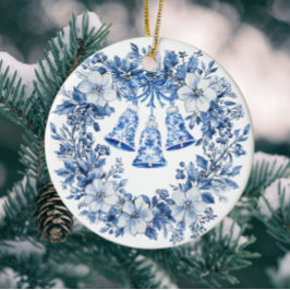 Personalized Chinoiserie Blue White Wreath Bells セラミックオーナメント