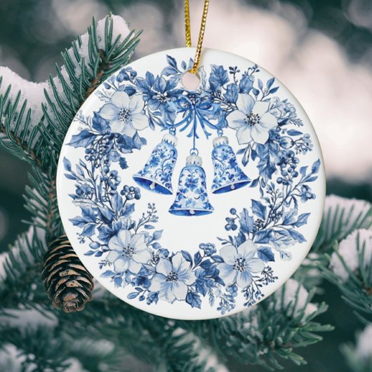 Personalized Chinoiserie Blue White Wreath Bells セラミックオーナメント