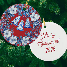 Personalized Chinoiserie Blue White Wreath Bells セラミックオーナメント
