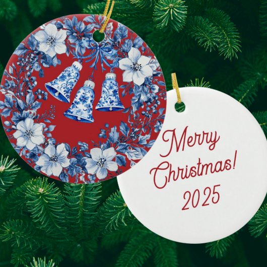 Personalized Chinoiserie Blue White Wreath Bells セラミックオーナメント