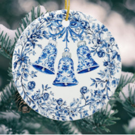 Personalized Chinoiserie Blue White Wreath Bells セラミックオーナメント