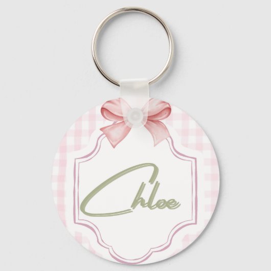 Personalized Chloe Baby Girl Nursery Bow&Gingham キーホルダー (正面)