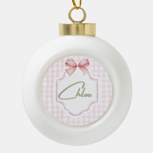 Personalized Chloe Baby Girl Nursery Bow&Gingham セラミックボールオーナメント (正面)