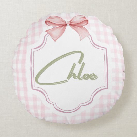 Personalized Chloe Baby Girl Nursery Bow&Gingham  ラウンドクッション (正面)
