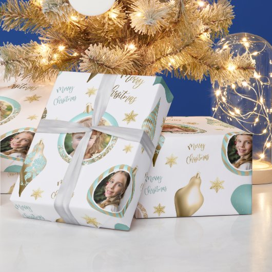 Personalized Christmas Aqua Gold Photo Ornament ラッピングペーパー (クリスマス)