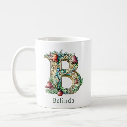 Personalized Christmas B Initial Monogram コーヒーマグカップ (左)