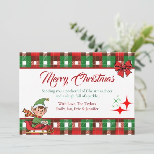 Personalized Christmas Elf and Plaid Sparkles シーズンカード (スタンド正面)