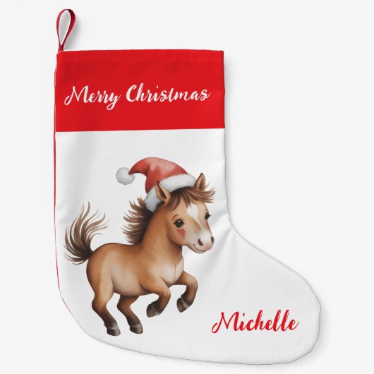 Personalized Christmas horse in Santa hat スモールクリスマスストッキング (正面)