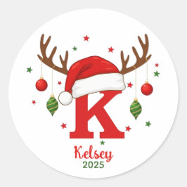 Personalized Christmas Monogram K Santa Hat ラウンドシール