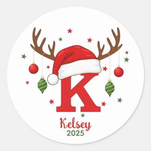 Personalized Christmas Monogram K Santa Hat ラウンドシール (正面)