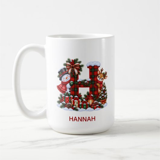 Personalized Christmas Monogram Mug Snowman Reinde コーヒーマグカップ (左)