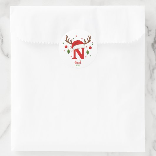 Personalized Christmas Monogram N Santa Hat ラウンドシール (バッグ)