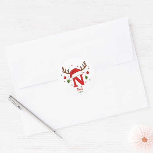 Personalized Christmas Monogram N Santa Hat ラウンドシール (封筒)