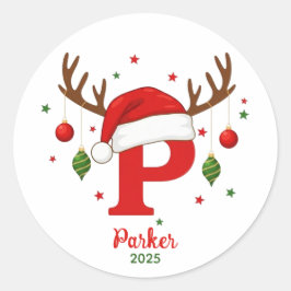 Personalized Christmas Monogram P Santa Hat ラウンドシール