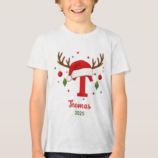 Personalized Christmas Monogram T Santa Hat トライブレンドＴシャツ (正面)