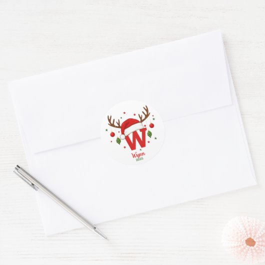 Personalized Christmas Monogram W Santa Hat ラウンドシール (封筒)