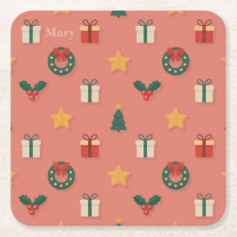 Personalized Christmas Pattern Coaster Set スクエアペーパーコースター