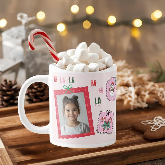Personalized Christmas Photo | Cute Pink Fa La La ジャンボコーヒーマグカップ