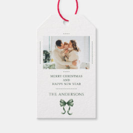 Personalized Christmas Photo Green Bow Modern ギフトタグ
