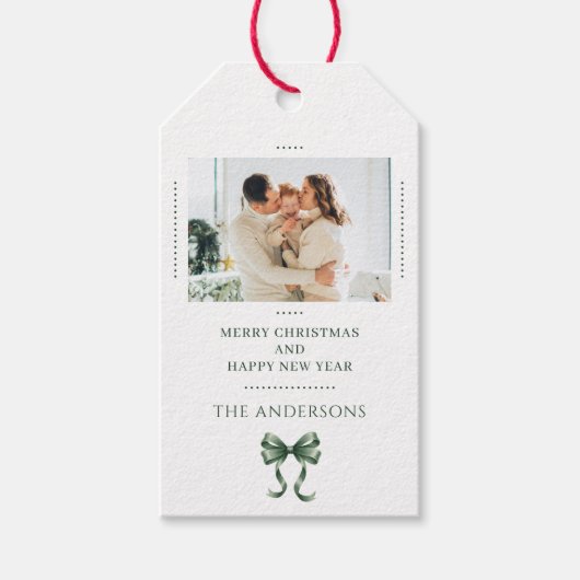 Personalized Christmas Photo Green Bow Modern ギフトタグ (正面)