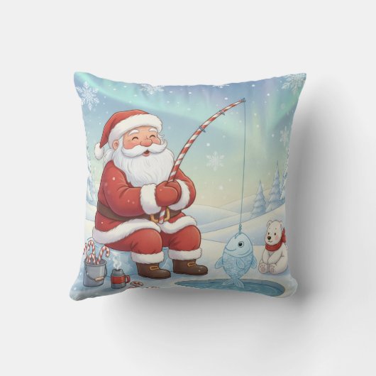 Personalized Christmas Santa Ice Fishing   クッション (裏面)