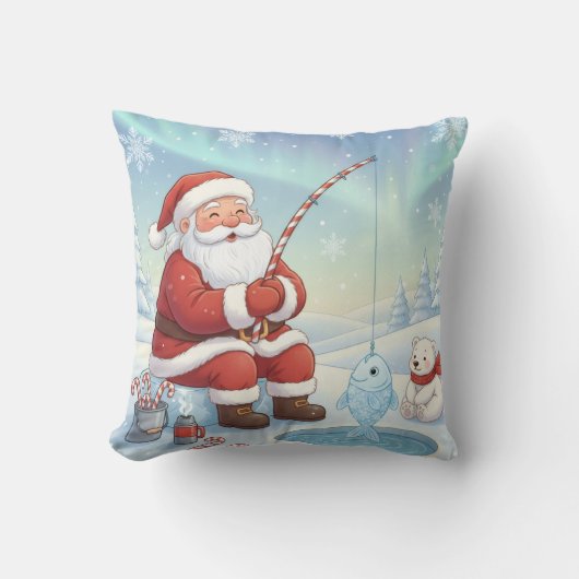 Personalized Christmas Santa Ice Fishing   クッション (正面)