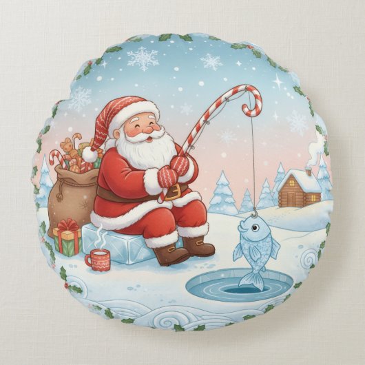 Personalized Christmas Santa Ice Fishing ラウンドクッション (正面)