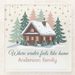 Personalized Christmas Winter Cabin ガラスコースター