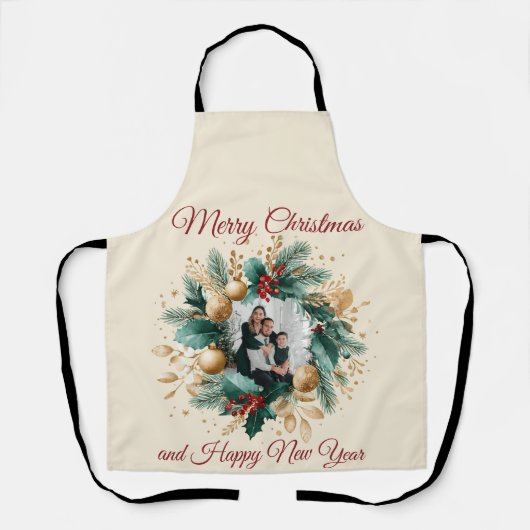 Personalized Christmas Wreath Photo Card エプロン (正面)