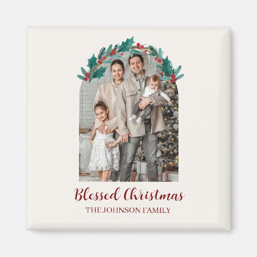 Personalized Christmas Wreath Photo & Name Magnet マグネット (正面)