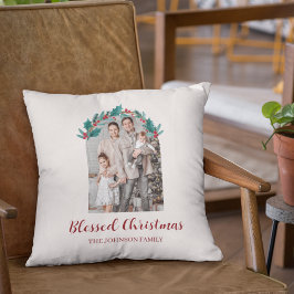 Personalized Christmas Wreath Photo & Name Pillow クッション