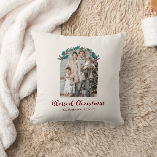 Personalized Christmas Wreath Photo & Name Pillow クッション (ブランケット)