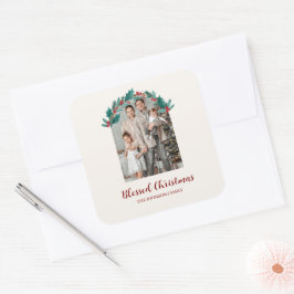 Personalized Christmas Wreath Photo & Name Sticker スクエアシール
