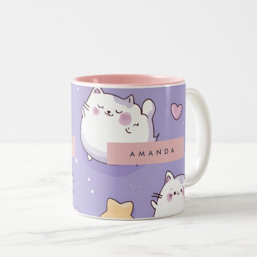 Personalized Chubby Cat & Pastel Star Pattern ツートーンマグカップ (正面右)