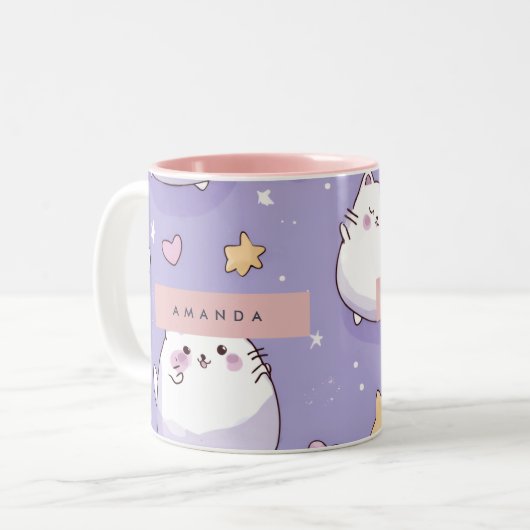 Personalized Chubby Cat & Pastel Star Pattern ツートーンマグカップ (正面左)