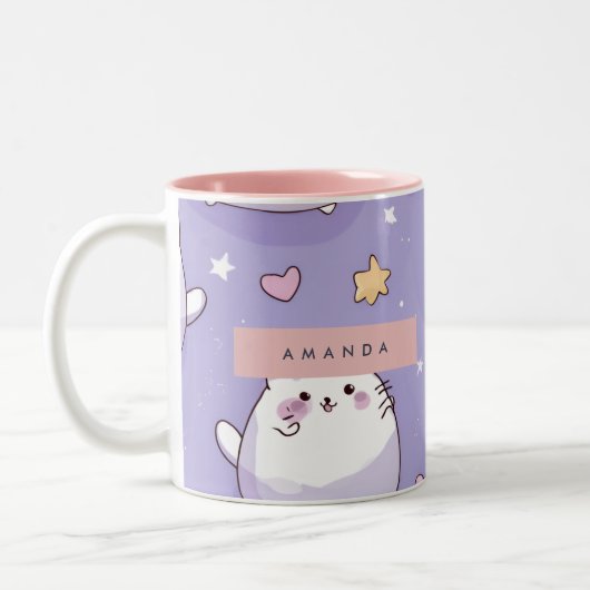 Personalized Chubby Cat & Pastel Star Pattern ツートーンマグカップ (左)