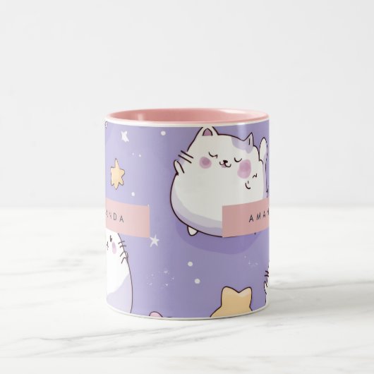 Personalized Chubby Cat & Pastel Star Pattern ツートーンマグカップ (中央)