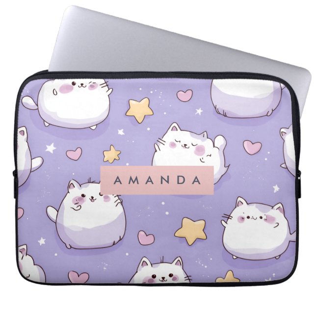 Personalized Chubby Cat & Pastel Star Pattern ラップトップスリーブ (正面)