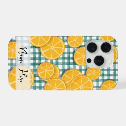 Personalized Citrus fruit on Green Gingham Phone  iPhoneケース (裏面横)