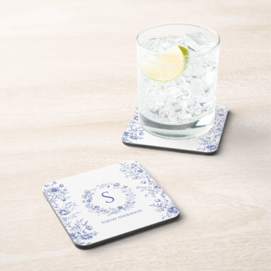 Personalized Classic Blue Flowers Floral Pattern コースター (右側)