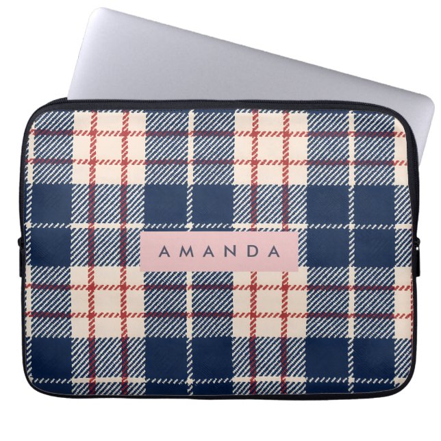 Personalized Classic Navy and Red Plaid ラップトップスリーブ (正面)