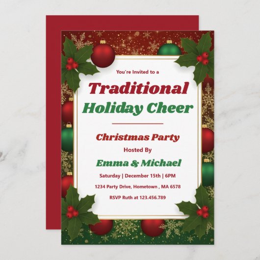 Personalized Classic Red & Green Christmas Party 招待状 (正面/裏面)
